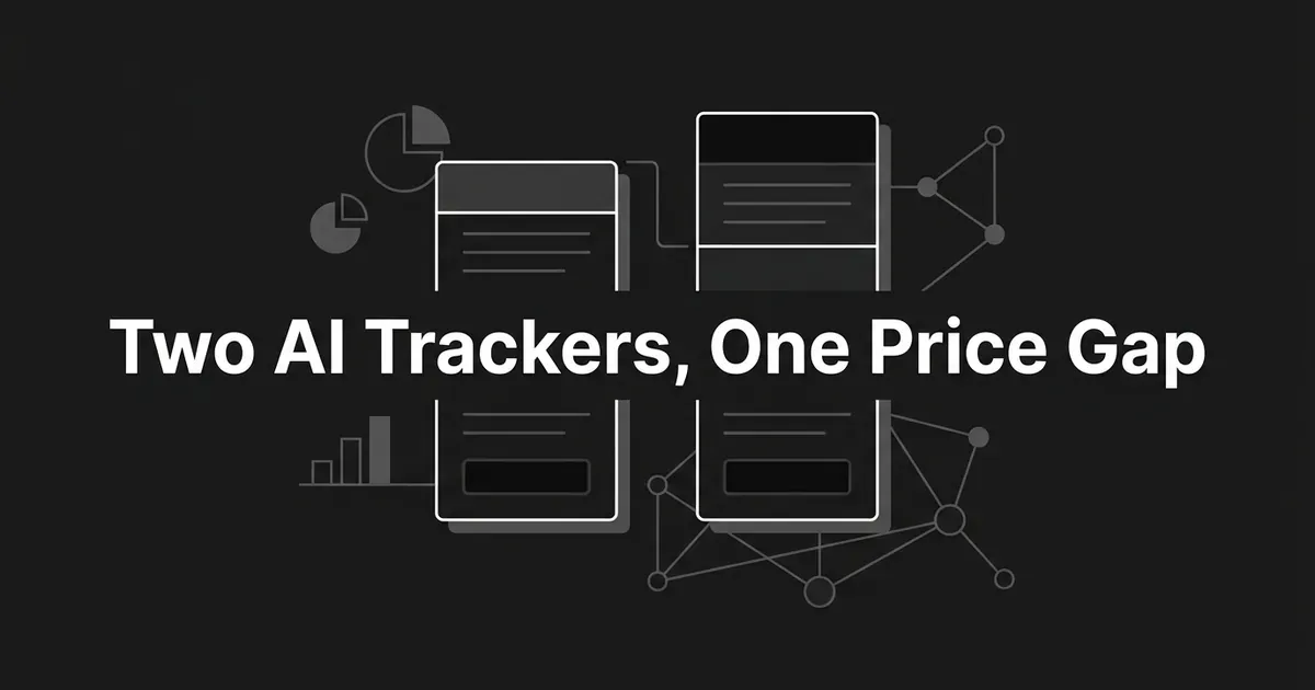 Abstract monochrome cover with two pricing-style cards side by side, small charts and connected nodes, and the line Two AI Trackers, One Price Gap.