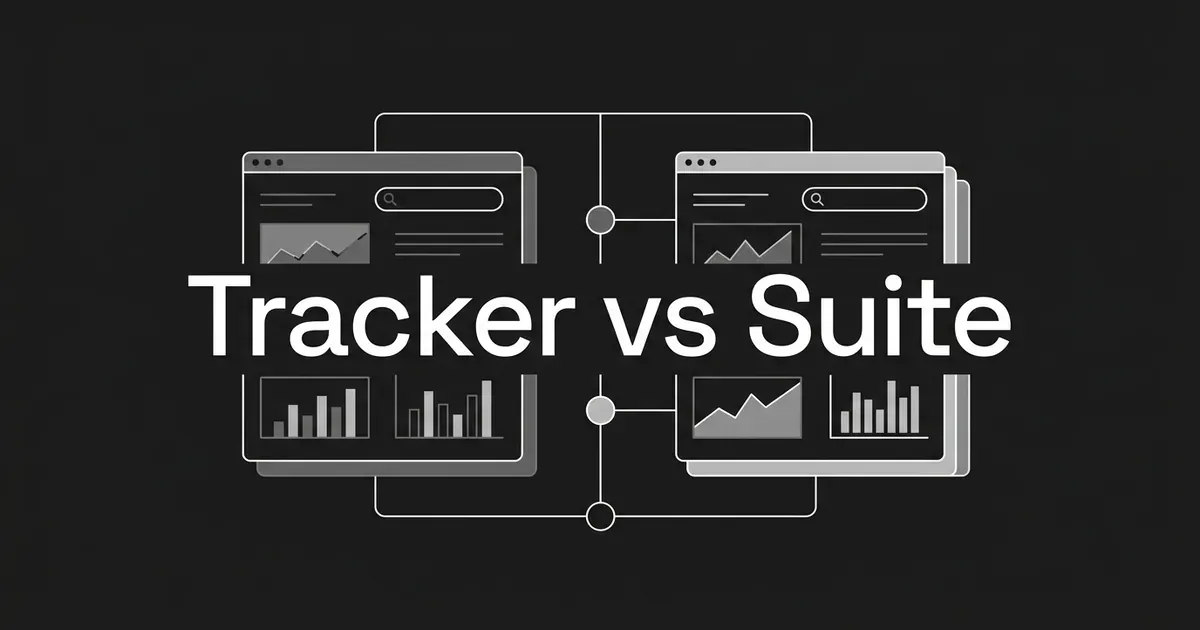 A charcoal cover with two layered dashboard cards joined by thin connector lines, and the words Tracker vs Suite centered across them.