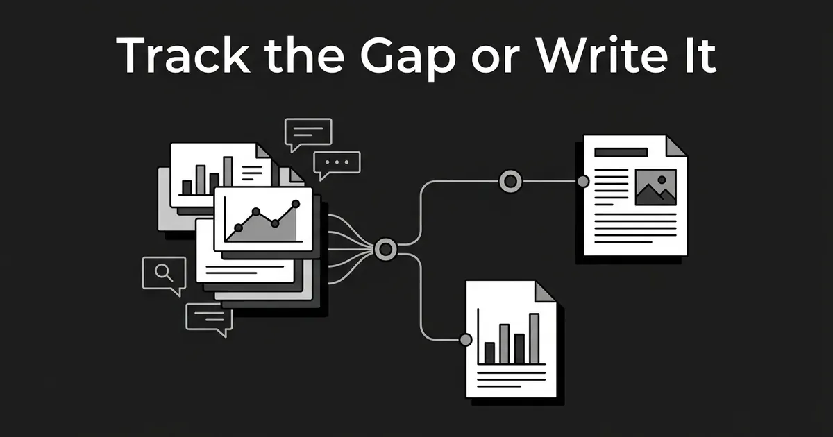 Charcoal cover with the line Track the Gap or Write It above a stack of chart cards that branches into a report page and a finished article page.