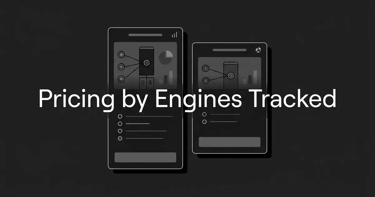Two abstract pricing cards in white linework on charcoal, the left one connected to more engine nodes than the right, under the cover line Pricing by Engines Tracked.