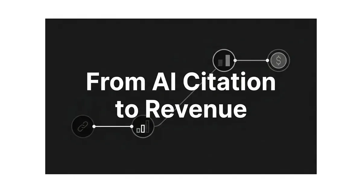 A monochrome diagram of a link icon connected by lines through a bar-chart node up to a rising bar-chart node and a dollar-sign node, illustrating the path from an AI citation to revenue, with the cover line From AI Citation to Revenue in white text.