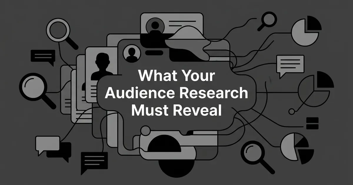 A monochrome illustration of layered audience profile cards connected by lines to magnifying glasses, chat bubbles, and chart fragments, with the text What Your Audience Research Must Reveal centered over the network.
