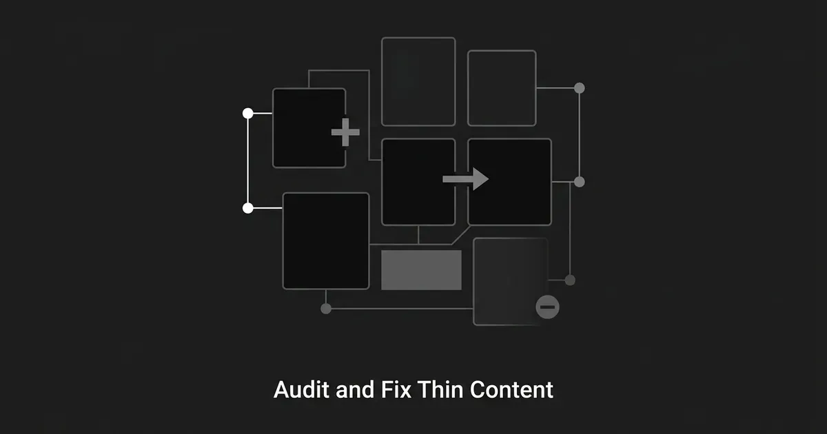 A grid of blank page cards on a dark background, connected by lines, with a plus sign marking a card to expand, an arrow marking two cards merging, and a minus sign marking a card to prune, above the text Audit and Fix Thin Content.