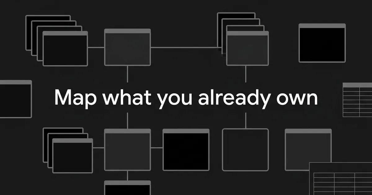 An abstract monochrome diagram of layered page cards linked into clusters, with one card unconnected and one empty outlined slot, beside the cover line Map what you already own.