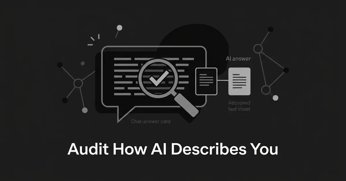 A monochrome illustration of a chat-answer speech bubble being inspected with a magnifying glass and checkmark, connected to an approved fact sheet card, with node-and-line clusters in the background and the text Audit How AI Describes You.