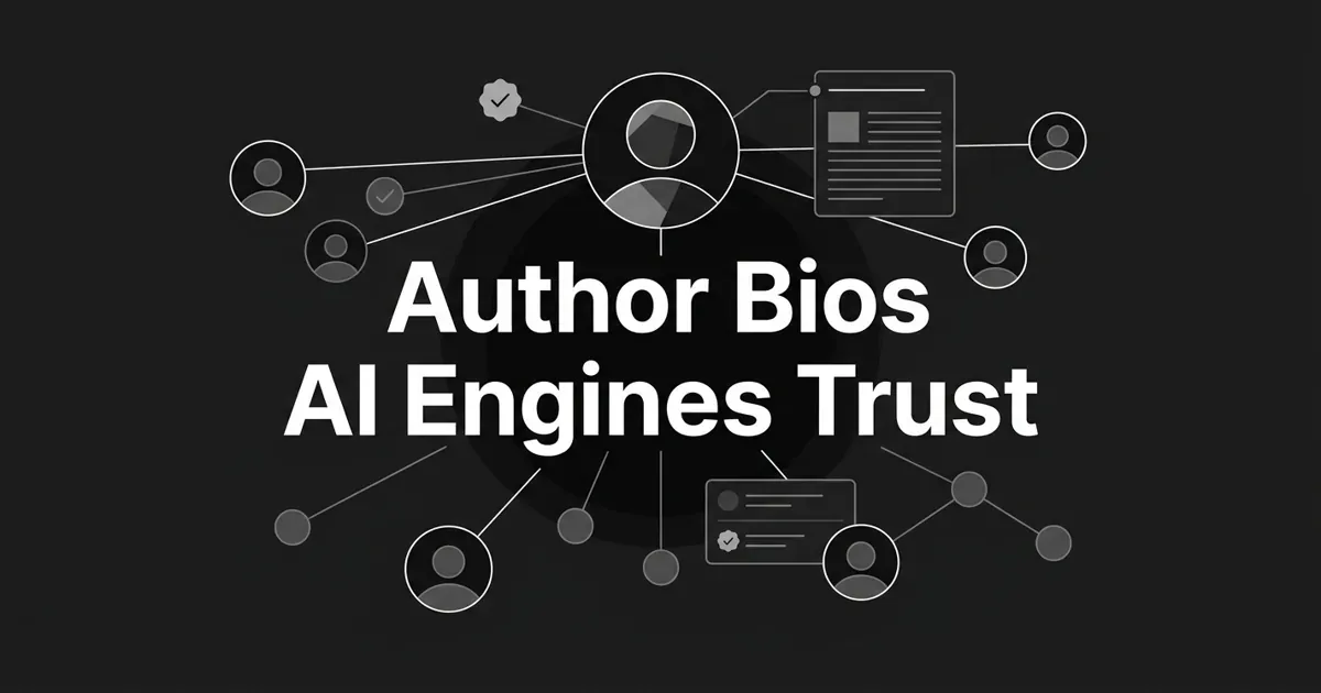 Monochrome diagram of a central author profile node connected by thin lines to smaller profile icons, verification checkmarks, and article cards, with the centered white cover line "Author Bios AI Engines Trust".