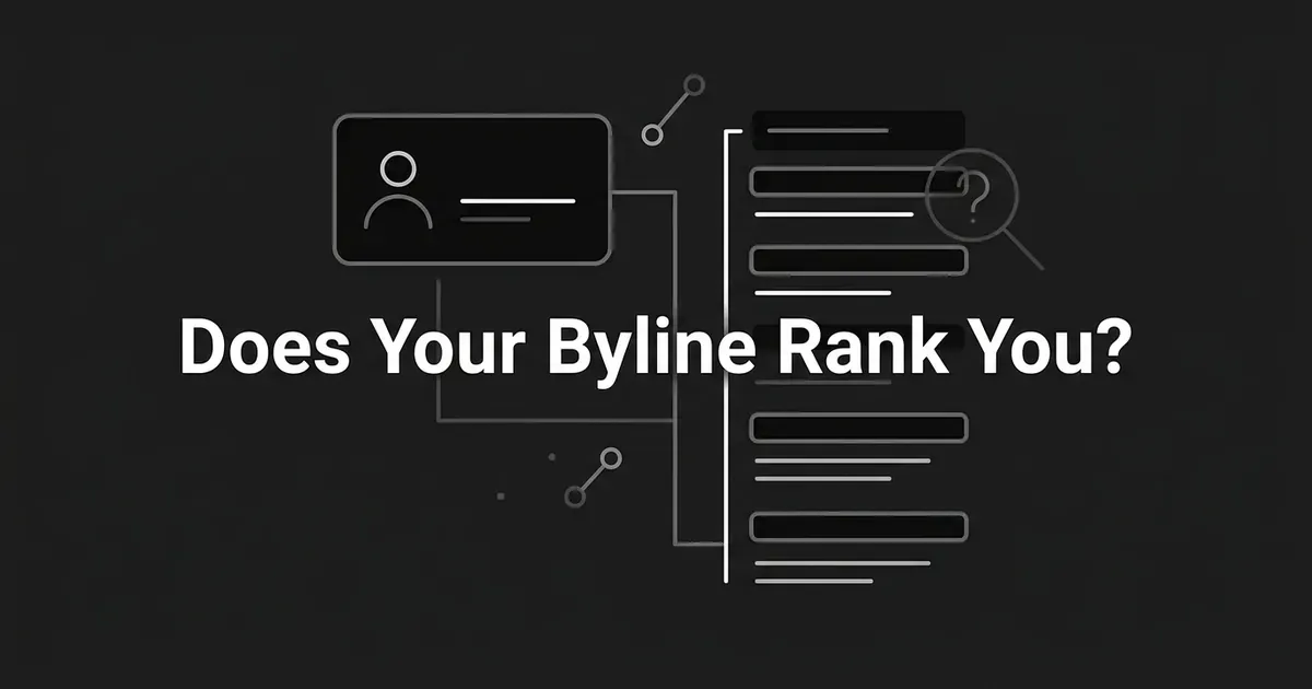 A monochrome illustration of an author identity card connected by thin lines to a stack of ranked search-result bars, with a magnifying glass and question mark beside the list, above the text Does Your Byline Rank You?