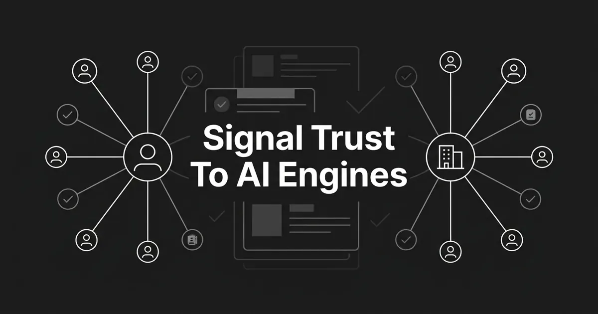 Monochrome diagram of a person node and an organization node, each linked by white lines to a ring of verified profile and checkmark nodes, around the centered cover line "Signal Trust To AI Engines".