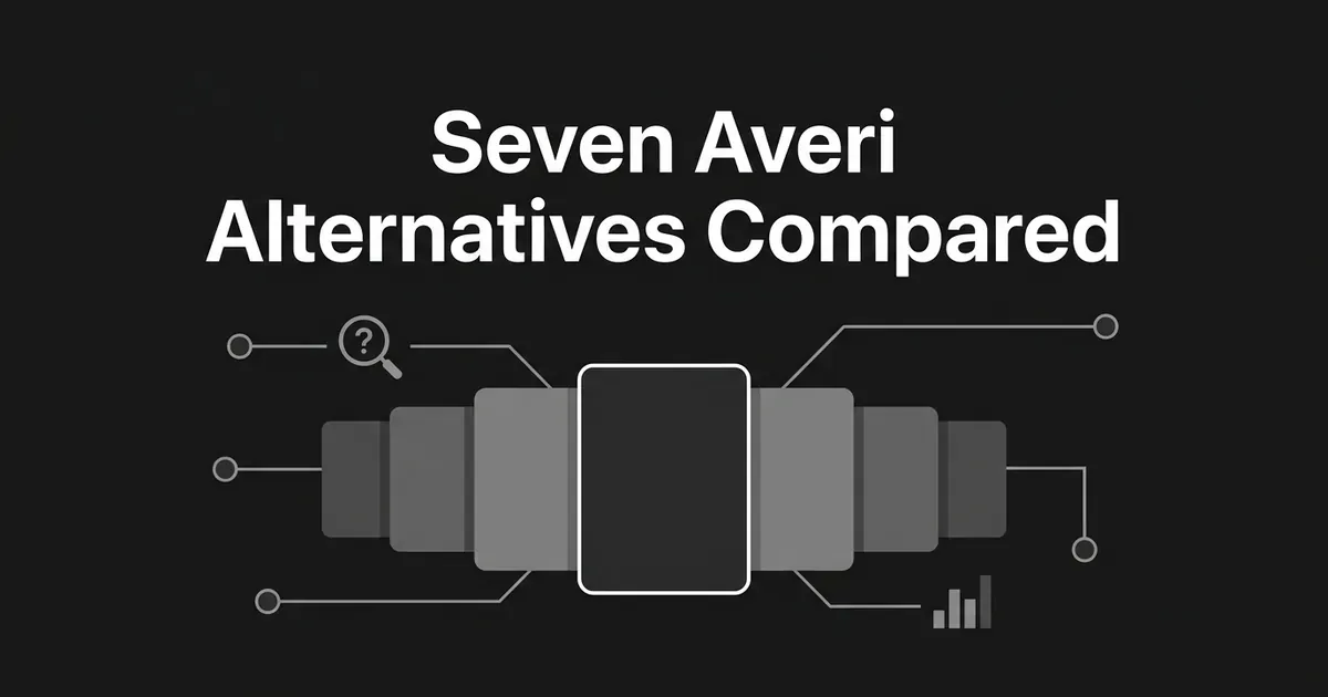 A monochrome illustration of seven layered cards in a row with one highlighted in white, linked by thin lines to a magnifier and a small bar chart, under the cover line Seven Averi Alternatives Compared.