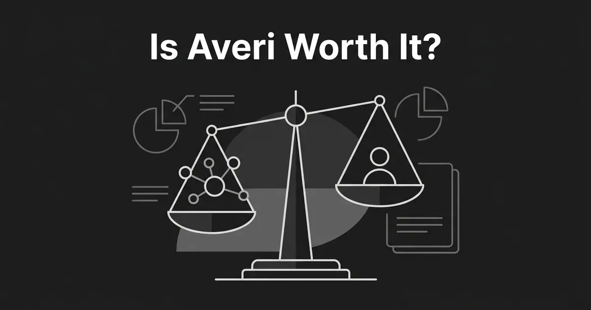 A monochrome balance scale weighs an AI network icon against a human expert icon beside the text Is Averi Worth It, illustrating the review's verdict on Averi's AI-plus-marketplace model.