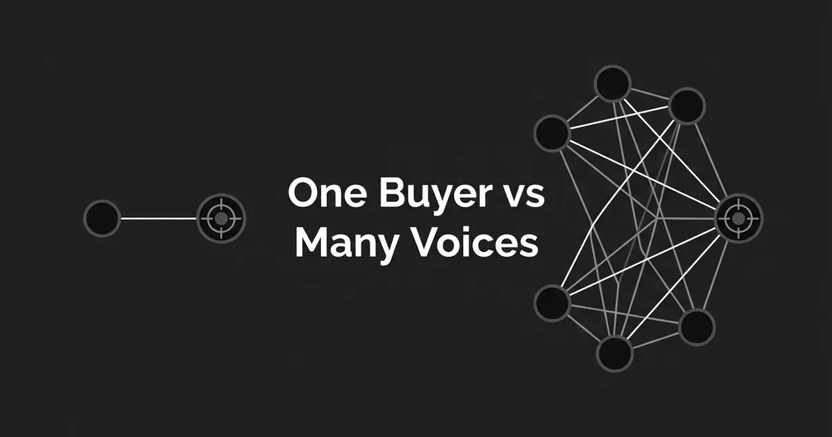 Monochrome illustration titled One Buyer vs Many Voices, showing a single node linked by one line to a target on the left, and a cluster of six interconnected nodes converging on a shared target on the right.