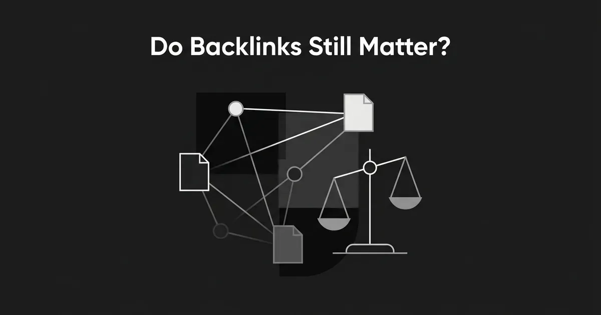 An abstract network of connected linked pages next to a balance scale, illustrating the evidence-weighing question of whether backlinks still matter for Google rankings.