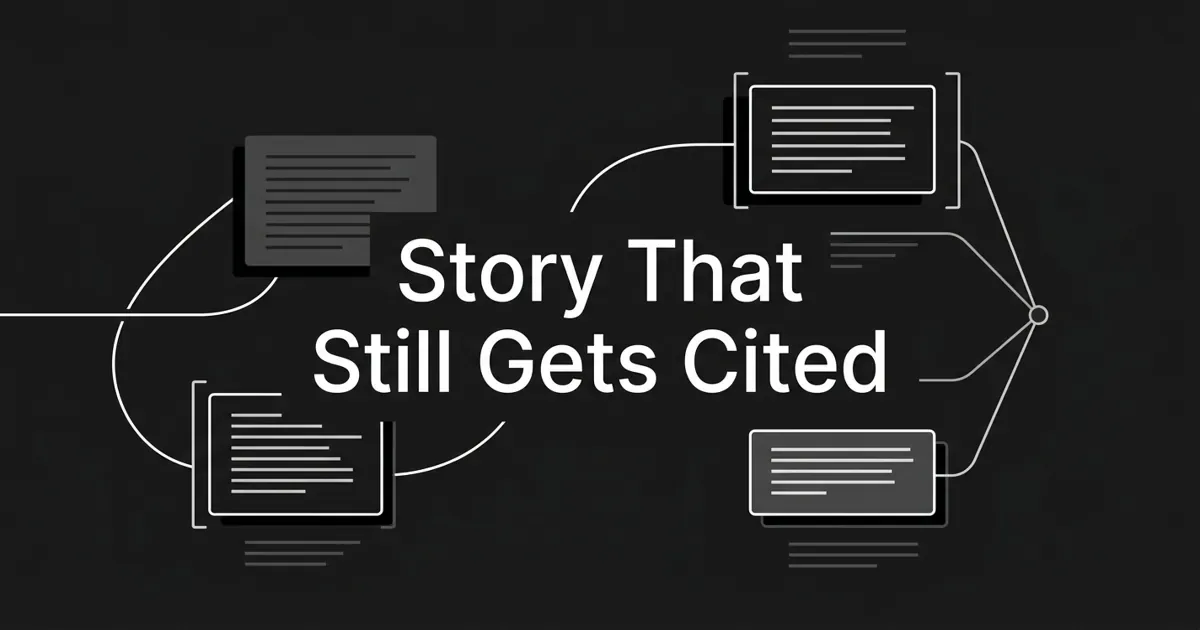 Monochrome illustration of a curving story line threading through stacked text blocks, with two blocks bracketed and linked to a single answer node, under the cover line Story That Still Gets Cited.