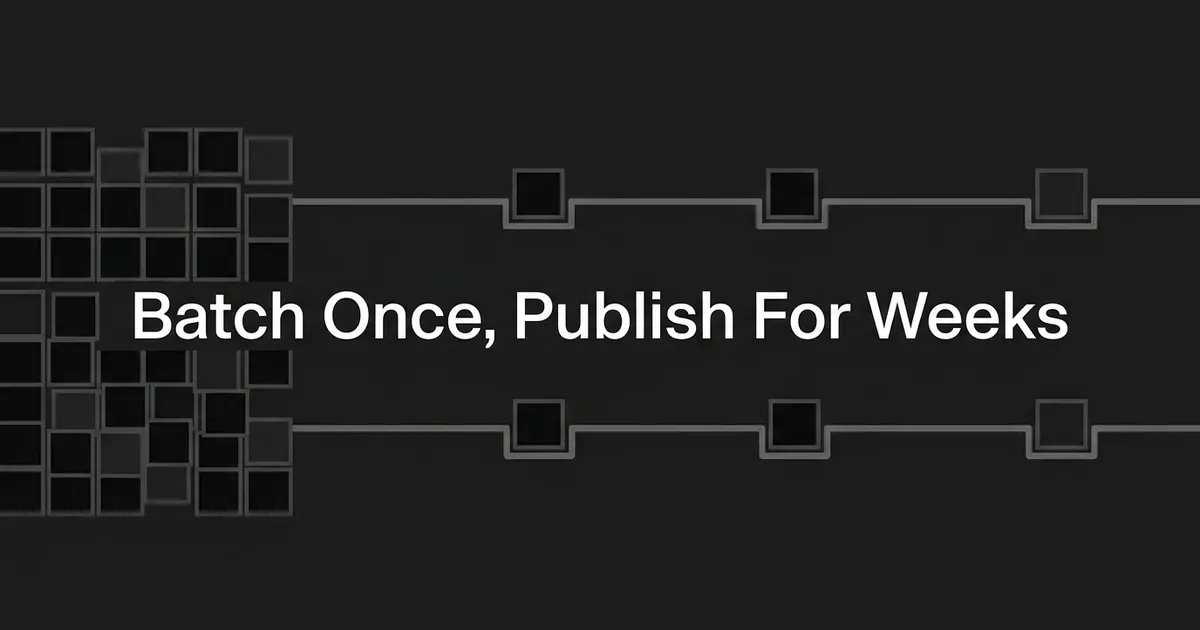 A dense cluster of small squares on the left feeds four thin tracks that release the same squares one at a time into evenly spaced slots across the frame, beneath the cover line Batch Once, Publish For Weeks.