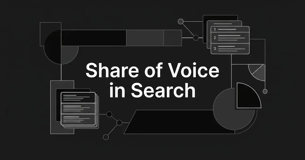 Monochrome cover reading Share of Voice in Search, surrounded by abstract shapes: a segmented bar, stacked ranked search-result cards, and a pie chart fragment.