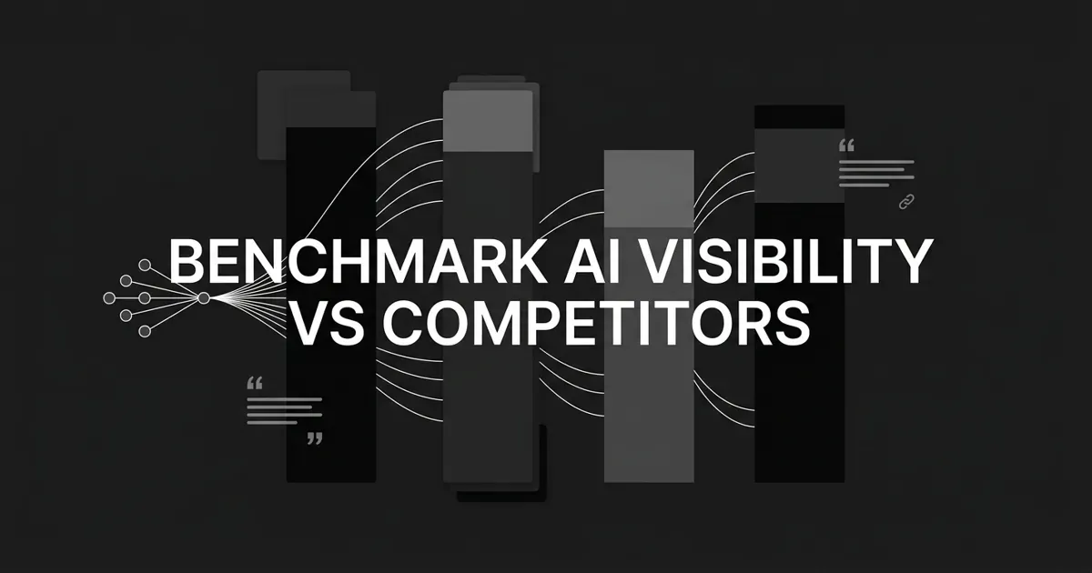 Monochrome illustration of four brand bar columns of differing heights on a charcoal background, fed by one shared cluster of prompt nodes, under the centered cover line "Benchmark AI Visibility vs Competitors".