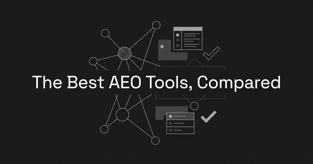 Monochrome abstract cover with the white cover line "The Best AEO Tools, Compared" over a charcoal background of connected AI-engine nodes, a highlighted citation link, and ranked comparison-card fragments.