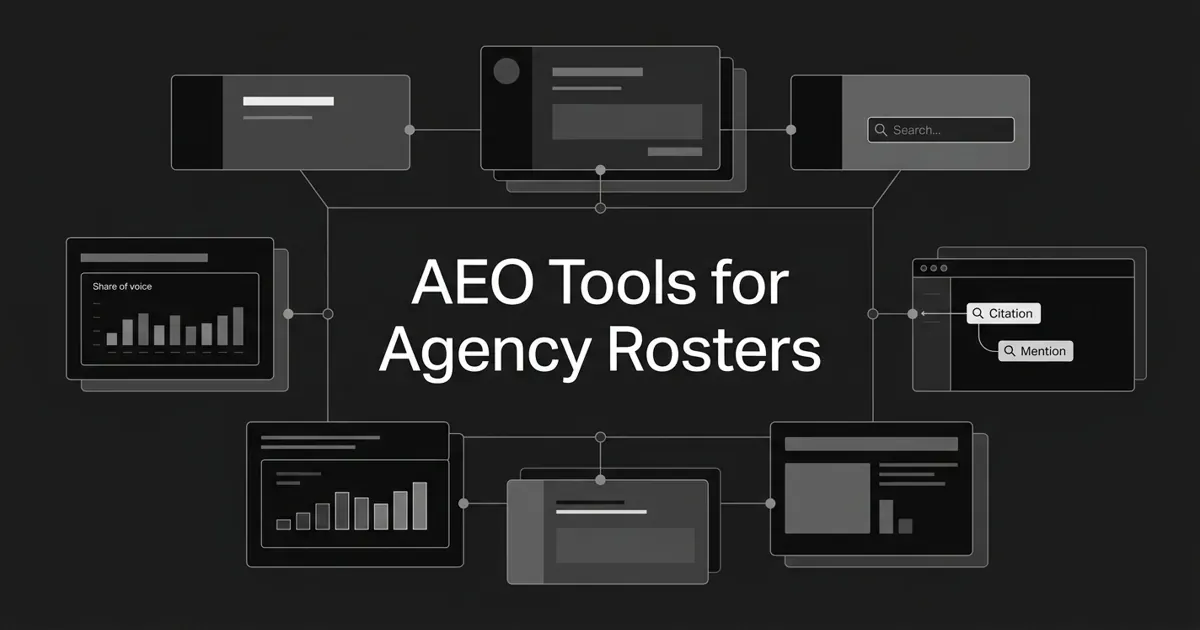 A monochrome charcoal cover showing several layered client-workspace cards branching from one central hub with connection nodes and small share-of-voice chart fragments, under the white cover line AEO Tools for Agency Rosters.