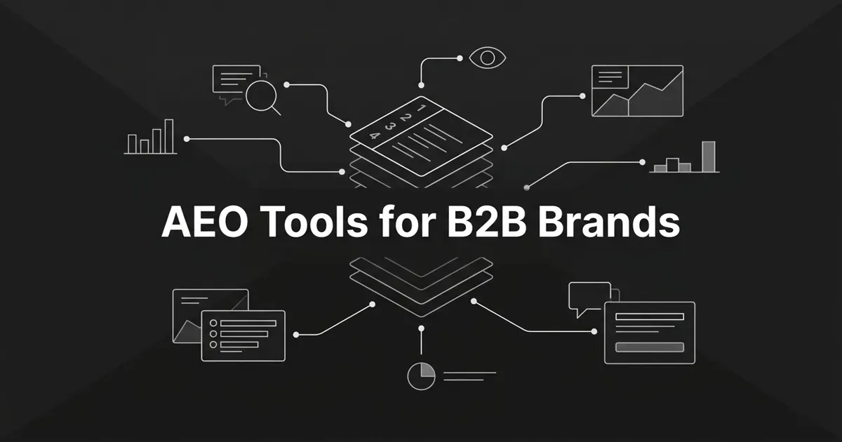 Monochrome flat-vector cover showing a ranked stack of comparison cards linked by thin white nodes and lines to search, citation, and chart motifs, with the centered white cover line 'AEO Tools for B2B Brands'.