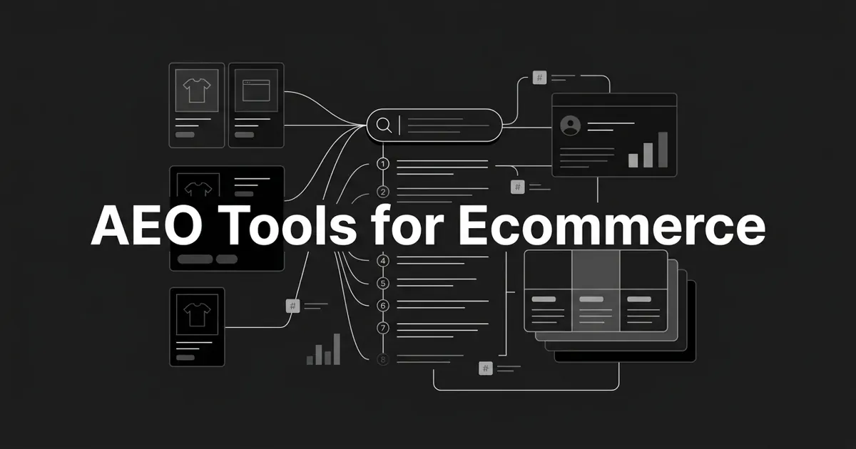 Monochrome abstract cover showing product cards feeding a central AI search-and-answer node with citation lines, under the cover line AEO Tools for Ecommerce.