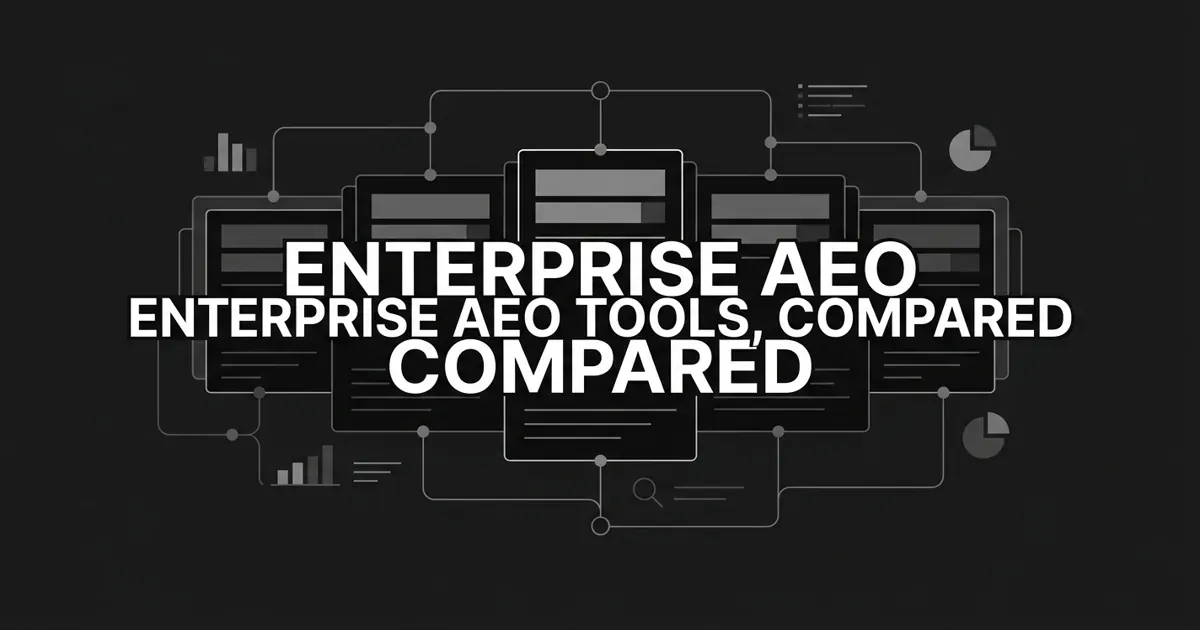 Monochrome abstract cover showing a ranked leaderboard of stacked bars and layered comparison cards connected by nodes on a charcoal background, with the white centered cover line reading Enterprise AEO Tools, Compared.