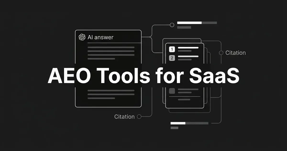 Monochrome abstract cover with the white cover line AEO Tools for SaaS, connection lines linking an AI answer panel to a stack of ranked comparison cards, citation nodes, and share-of-voice bars on charcoal.