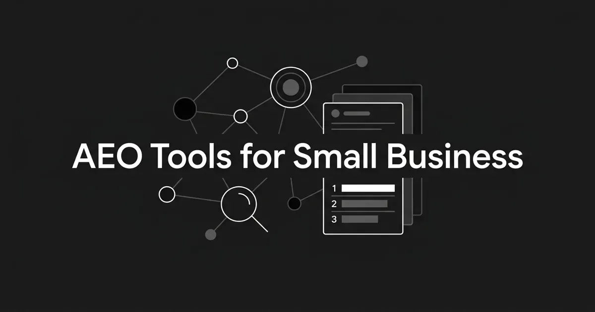 Monochrome charcoal cover with the white centered line 'AEO Tools for Small Business' over abstract nodes, connection lines, a search motif, and a ranked-bar leaderboard fragment.