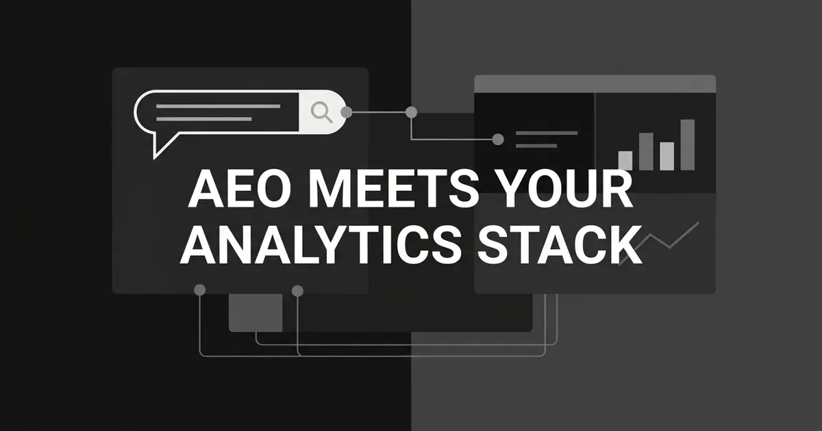 Monochrome geometric cover showing a search-and-answer bubble connected by nodes to an analytics dashboard fragment, under the white cover line AEO Meets Your Analytics Stack.