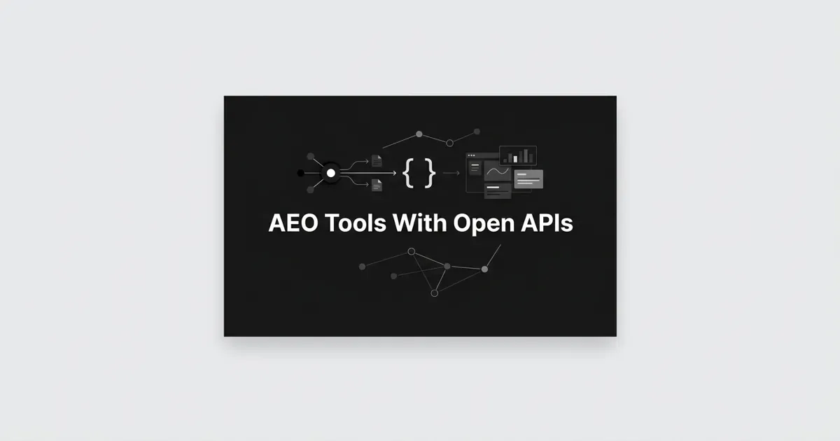 Monochrome flat-vector cover on a charcoal background showing an API endpoint node emitting data packets and connection lines into chart fragments and dashboard cards, with the centered white cover line AEO Tools With Open APIs.