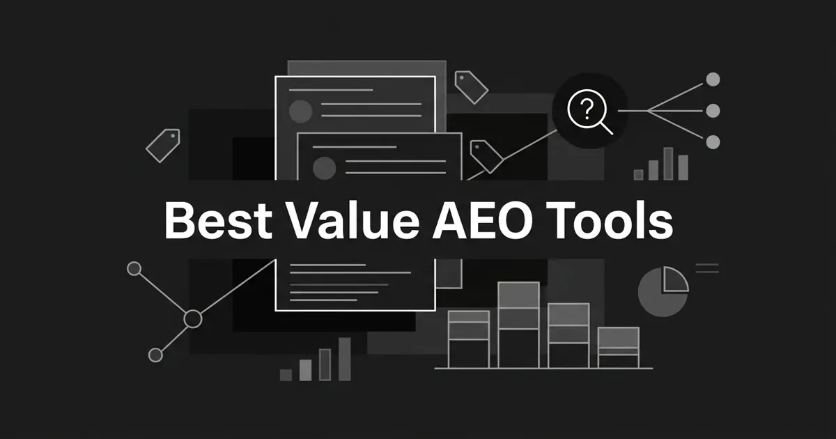 Monochrome charcoal cover with the white centered line 'Best Value AEO Tools' surrounded by abstract geometric comparison cards, a bar leaderboard, price tags, and connected search-and-citation nodes.