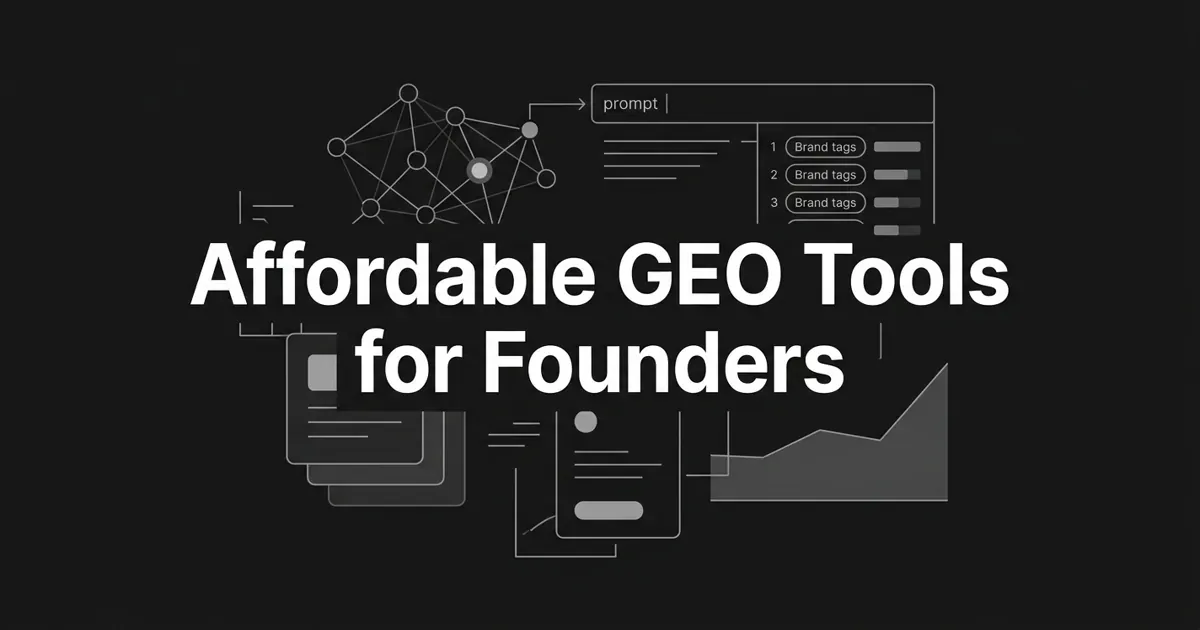 Monochrome abstract-geometric cover with the white cover line 'Affordable GEO Tools for Founders' over connected nodes, a search-and-answer motif, and layered pricing-tier cards on a charcoal background.