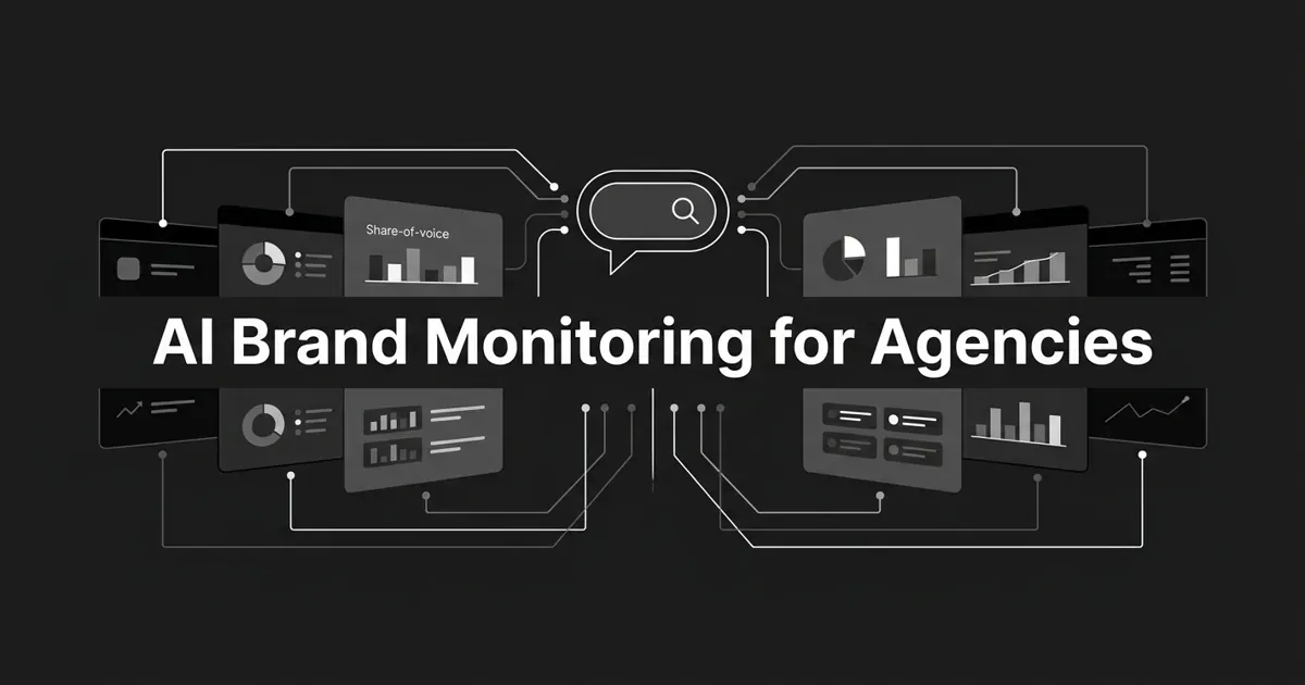 Monochrome charcoal cover showing several linked client monitoring panels connected by white nodes to a central AI answer motif, under the centered white cover line AI Brand Monitoring for Agencies.