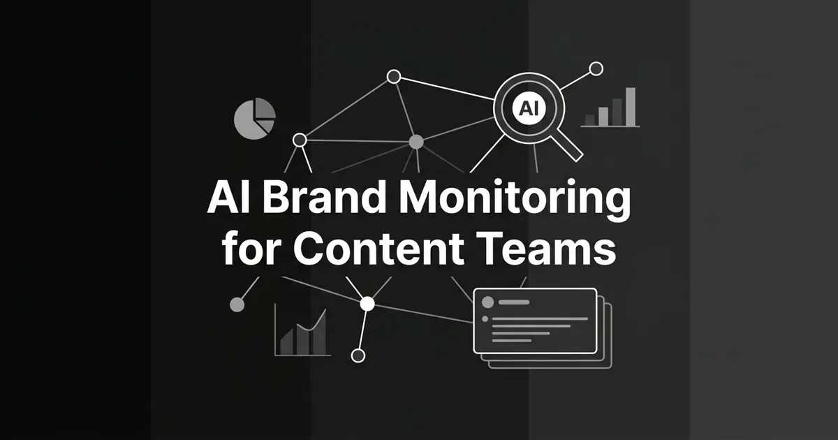 Monochrome abstract cover showing connected AI-engine nodes and a highlighted brand node with search and chart motifs, titled AI Brand Monitoring for Content Teams.
