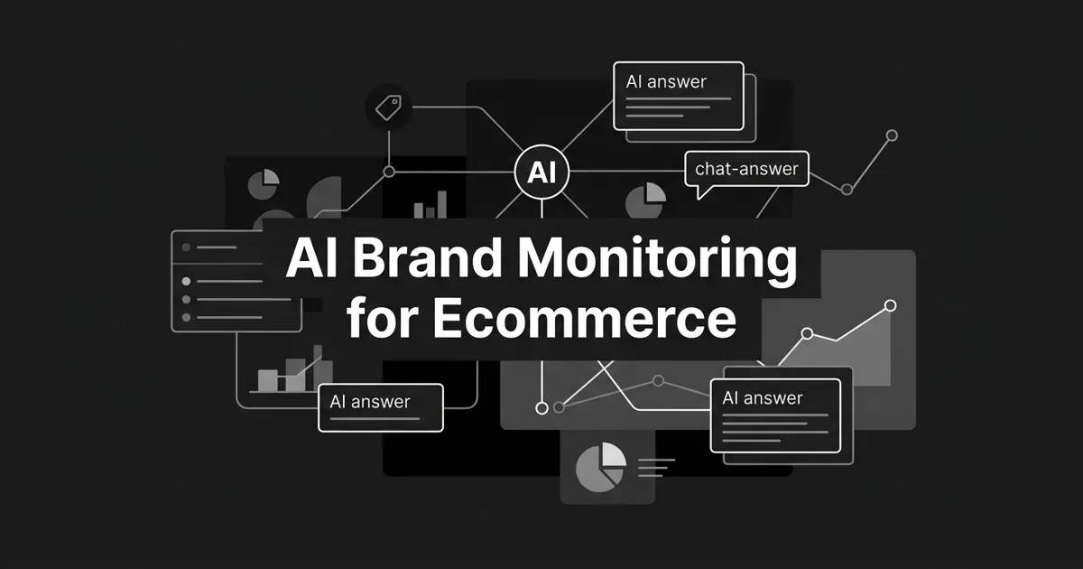 Monochrome flat-vector cover on a charcoal background showing a central brand node linked to AI answer cards, a shopping tag, and a rising sentiment line, with the white centered cover line 'AI Brand Monitoring for Ecommerce'.