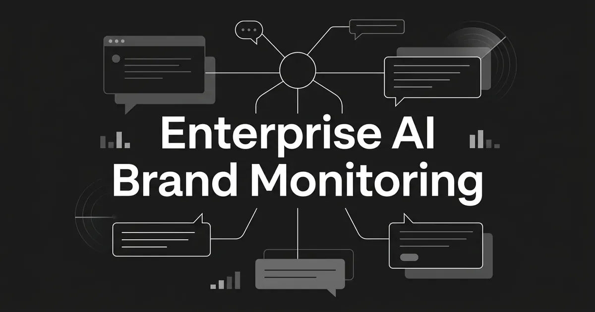 Monochrome abstract diagram of a central brand node linked by white linework to multiple AI answer bubbles and share-of-voice fragments, with the centered cover line Enterprise AI Brand Monitoring.