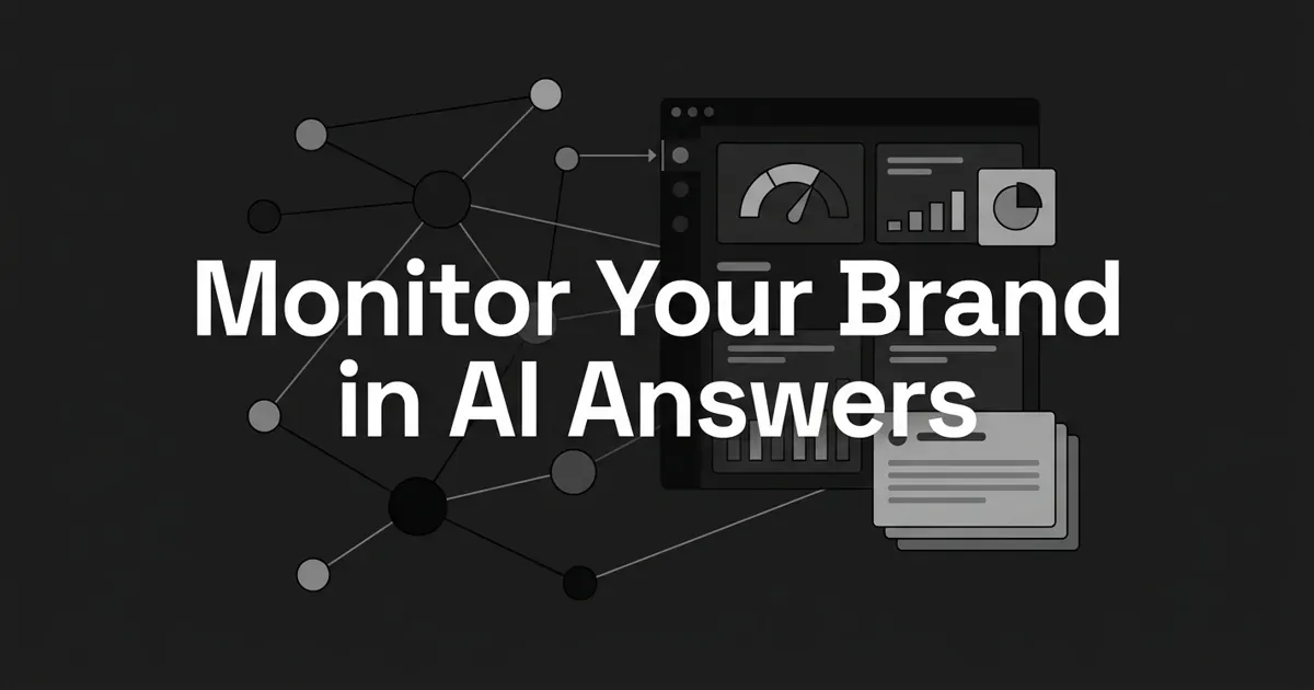 Monochrome cover reading 'Monitor Your Brand in AI Answers' over an abstract network of nodes feeding a dashboard with a sentiment gauge and chart fragments.