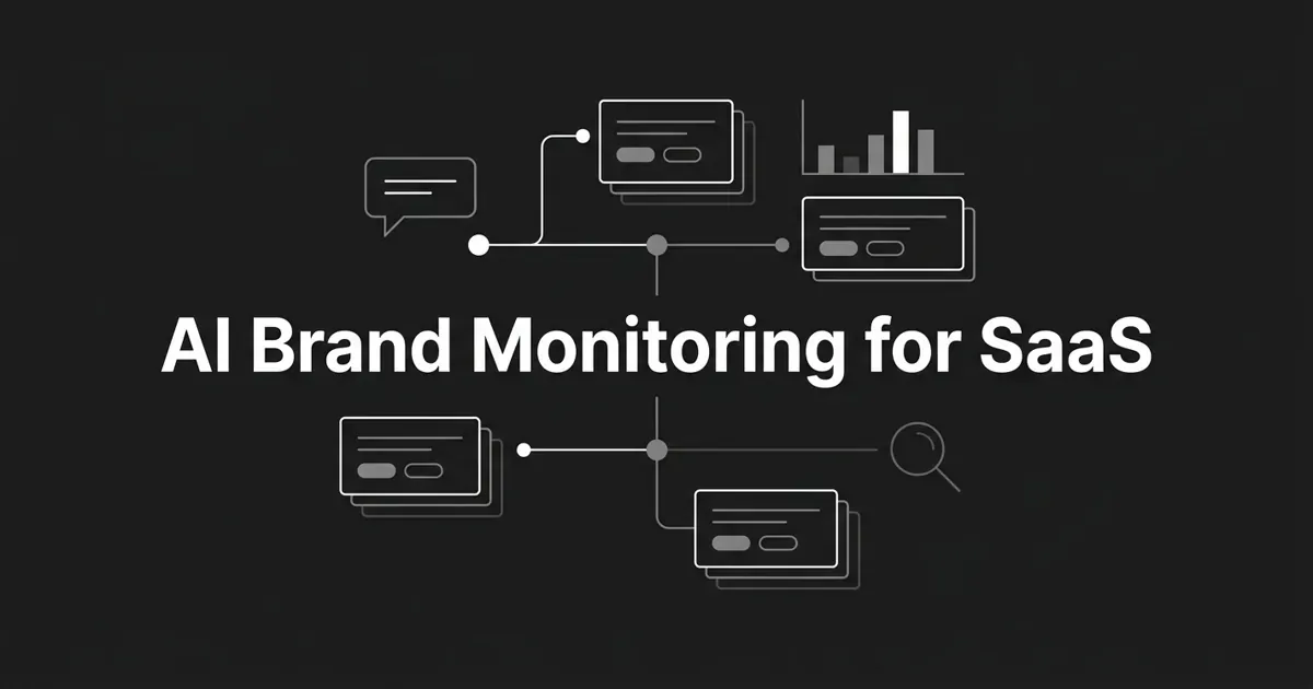 Monochrome charcoal cover with the centered white line "AI Brand Monitoring for SaaS" surrounded by abstract nodes, an answer bubble, four layered comparison cards, and a bar-chart fragment.