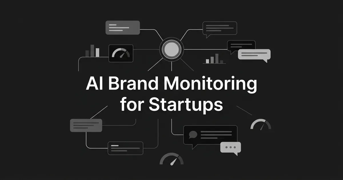 Monochrome abstract diagram of a brand node linked to AI answer cards, a monitoring gauge, and chart fragments, with the cover line AI Brand Monitoring for Startups.