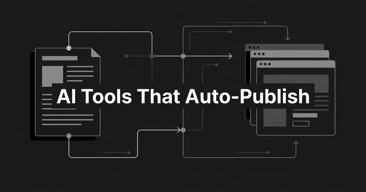 Monochrome diagram of an article document connected by pipeline lines and nodes into stacked CMS browser windows, with the white cover line AI Tools That Auto-Publish.