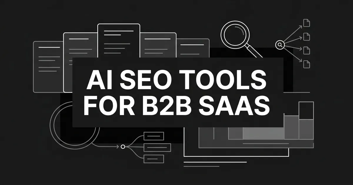 Monochrome abstract cover with the white cover line AI SEO Tools for B2B SaaS, showing a search glyph and node lines linking an AI answer to ranked comparison cards and keyword coverage bars on charcoal.