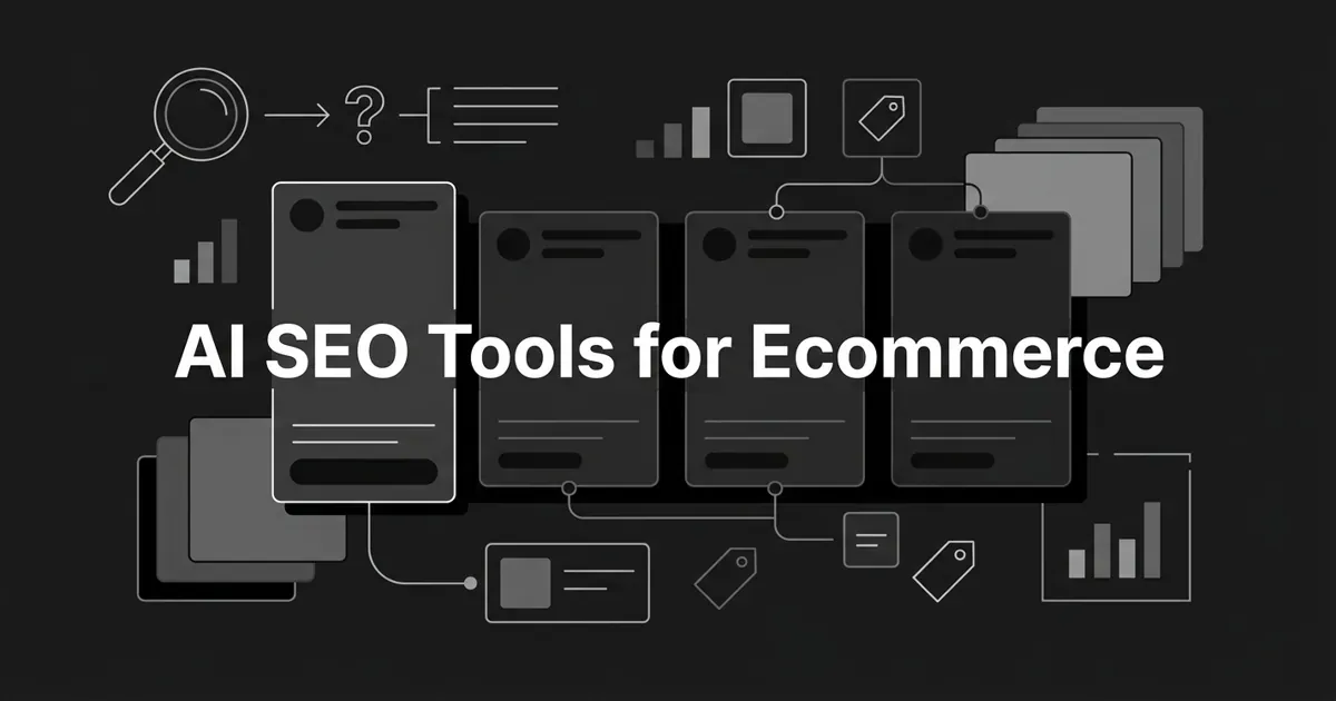 Monochrome flat-vector cover showing four abstract tool cards lined up for comparison, with the leftmost highlighted, connected by thin white linework to product tiles and answer lines, under the centered cover line "AI SEO Tools for Ecommerce".