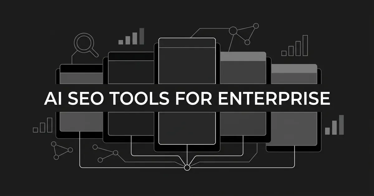 Monochrome abstract-geometric cover showing five layered platform cards of differing heights linked by thin white lines to a single node, with search, chart-bar, and citation-node motifs around the centered cover line "AI SEO TOOLS FOR ENTERPRISE".