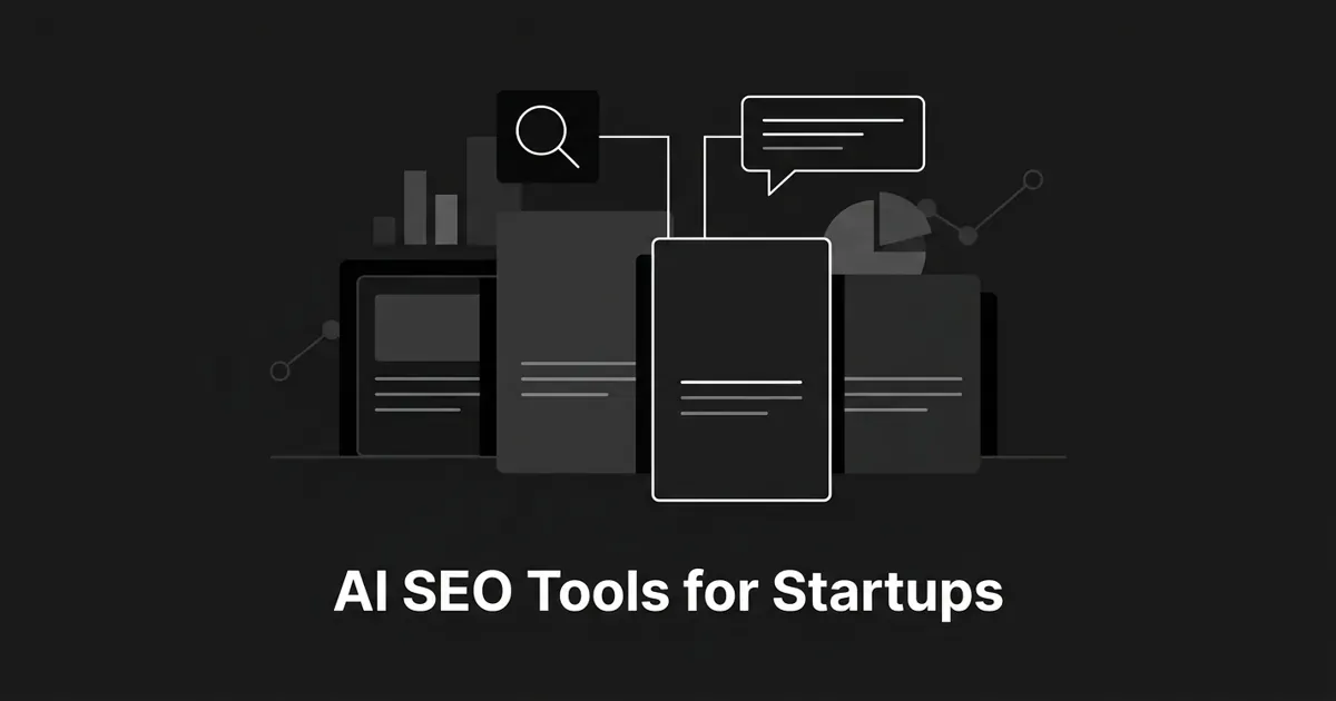 Monochrome flat-vector illustration of four tool cards lined up for comparison with one outlined in white, connected to a search icon and an AI answer bubble above chart fragments, under the centered cover line "AI SEO Tools for Startups".
