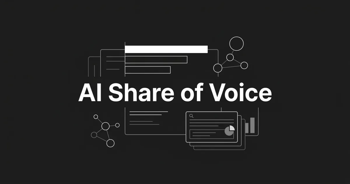 Monochrome abstract cover with the white cover line 'AI Share of Voice' over stacked benchmark bars and connected brand nodes on a charcoal background.