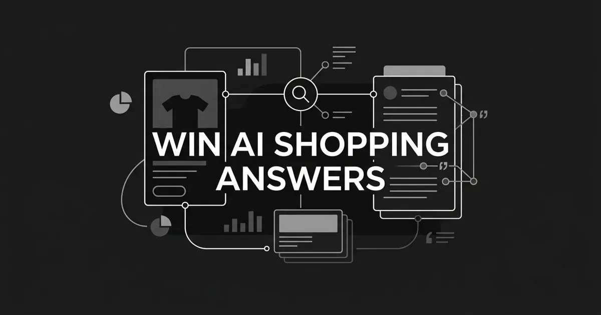 Monochrome abstract-geometric cover with the white centered line WIN AI SHOPPING ANSWERS, a product card linked by white linework to a search-and-answer node and small chart fragments on a charcoal background.