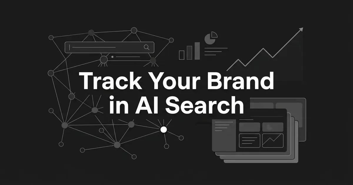 A monochrome, abstract-geometric cover on a charcoal background showing a network of connected nodes, a search-and-answer bar, and a rising trend line, with one node highlighted in white and the centered white cover line 'Track Your Brand in AI Search'.