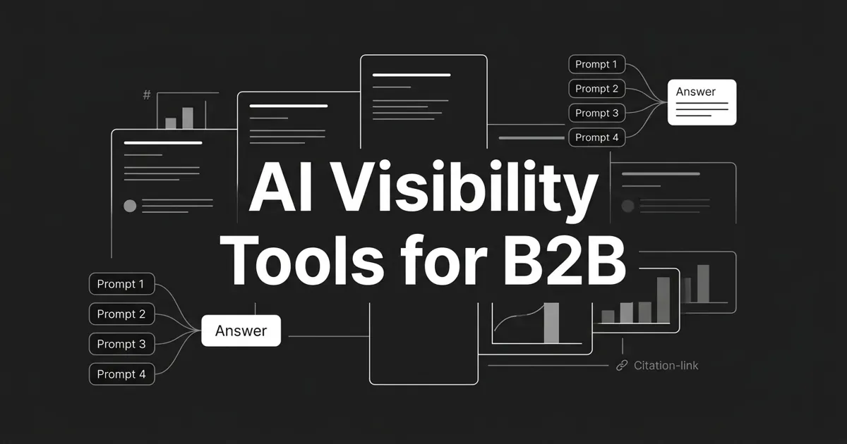 Monochrome charcoal cover reading "AI Visibility Tools for B2B", surrounded by white line-art diagrams of tracked prompts feeding into AI answer cards, bar chart fragments, and a citation link.