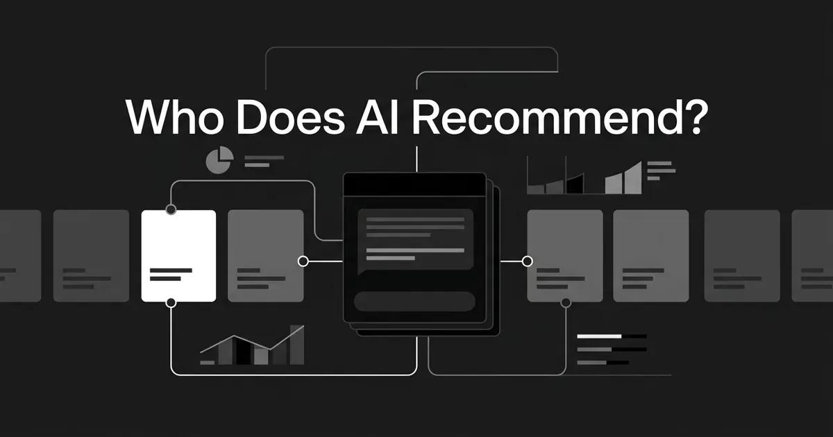 Monochrome geometric illustration of a row of product tiles connected to a central AI answer panel, with one tile highlighted white to show which product the AI recommends, under the cover line "Who Does AI Recommend?"