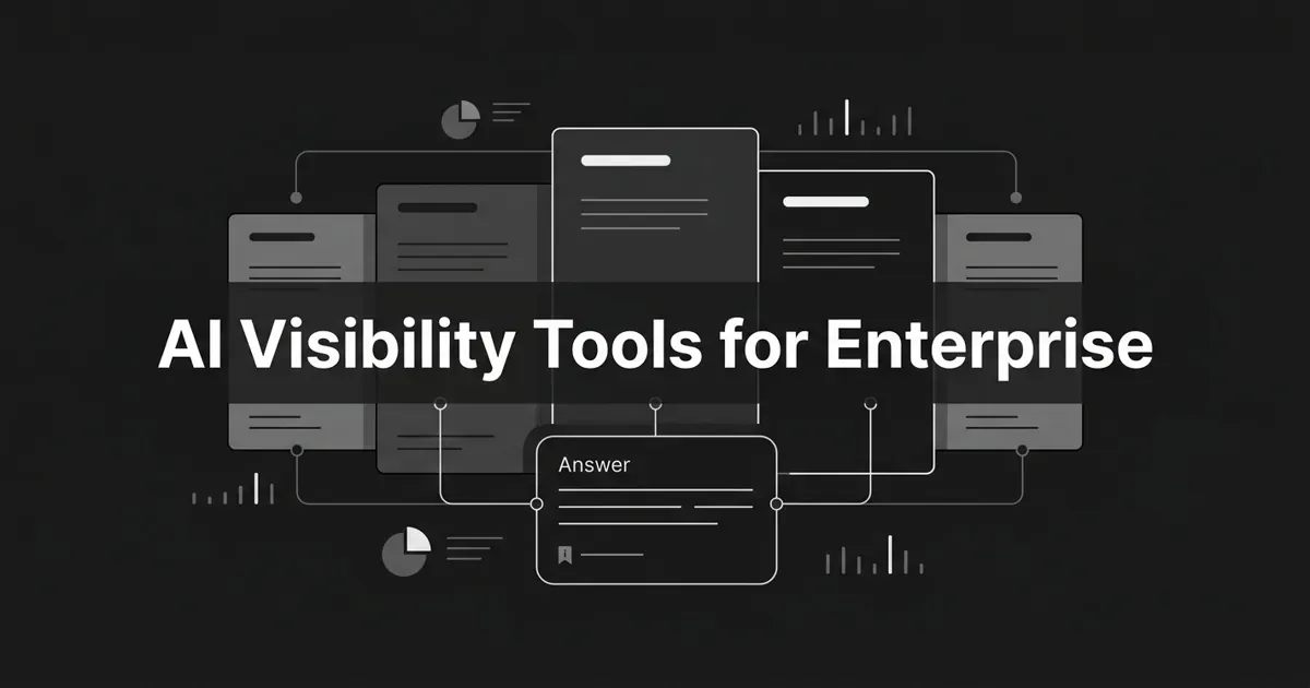 A monochrome abstract-geometric cover showing a row of layered comparison cards linked to a central AI answer panel and small chart fragments, with the centered white cover line "AI Visibility Tools for Enterprise".