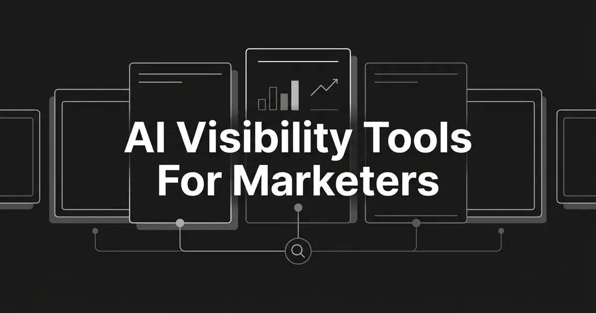 Monochrome charcoal cover with the centered white headline 'AI Visibility Tools For Marketers' over a row of outlined dashboard cards holding a bar chart and a rising trend line, linked by thin lines to a central search icon.